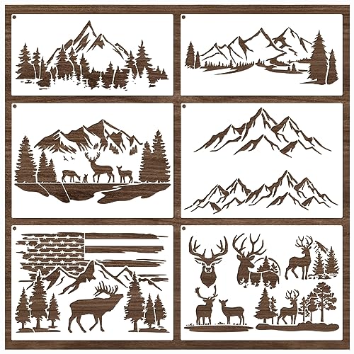 Mountain Stencils for Painting on Wood Burning Stencils and Patterns Reusable Nature Deer Tree Stencils for Crafts Canvas Furniture Wall Drawing yhslmh