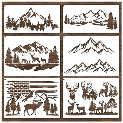 Mountain Stencils for Painting on Wood Burning Stencils and Patterns Reusable Nature Deer Tree Stencils for Crafts Canvas Furniture Wall Drawing
