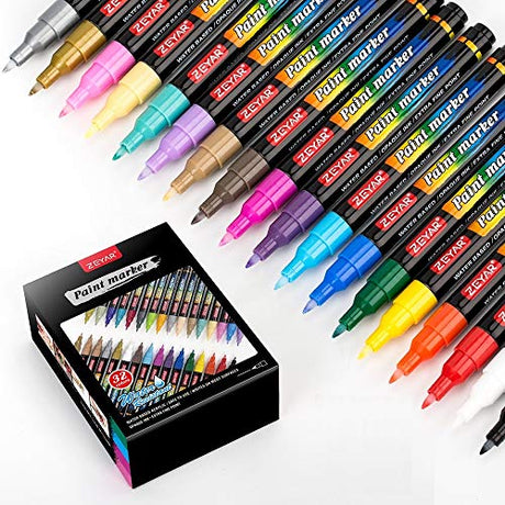 ZEYAR Acrylic Paint Pens, Water based Extra Fine Point, 32 vibrant colors, Opaque Ink, AP Certified, Paint Marker for Glass, Rock, Paper, Ceramic, ZEYAR