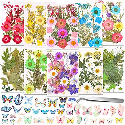 297 Pcs Dried Pressed Flowers Butterfly Stickers for Resin, Real Natural Dry Flowers Leaves Bulk with Tweezers for Art Craft Supplies Scrapbooking - WoodArtSupply