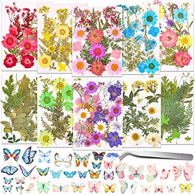 297 Pcs Dried Pressed Flowers Butterfly Stickers for Resin, Real Natural Dry Flowers Leaves Bulk with Tweezers for Art Craft Supplies Scrapbooking