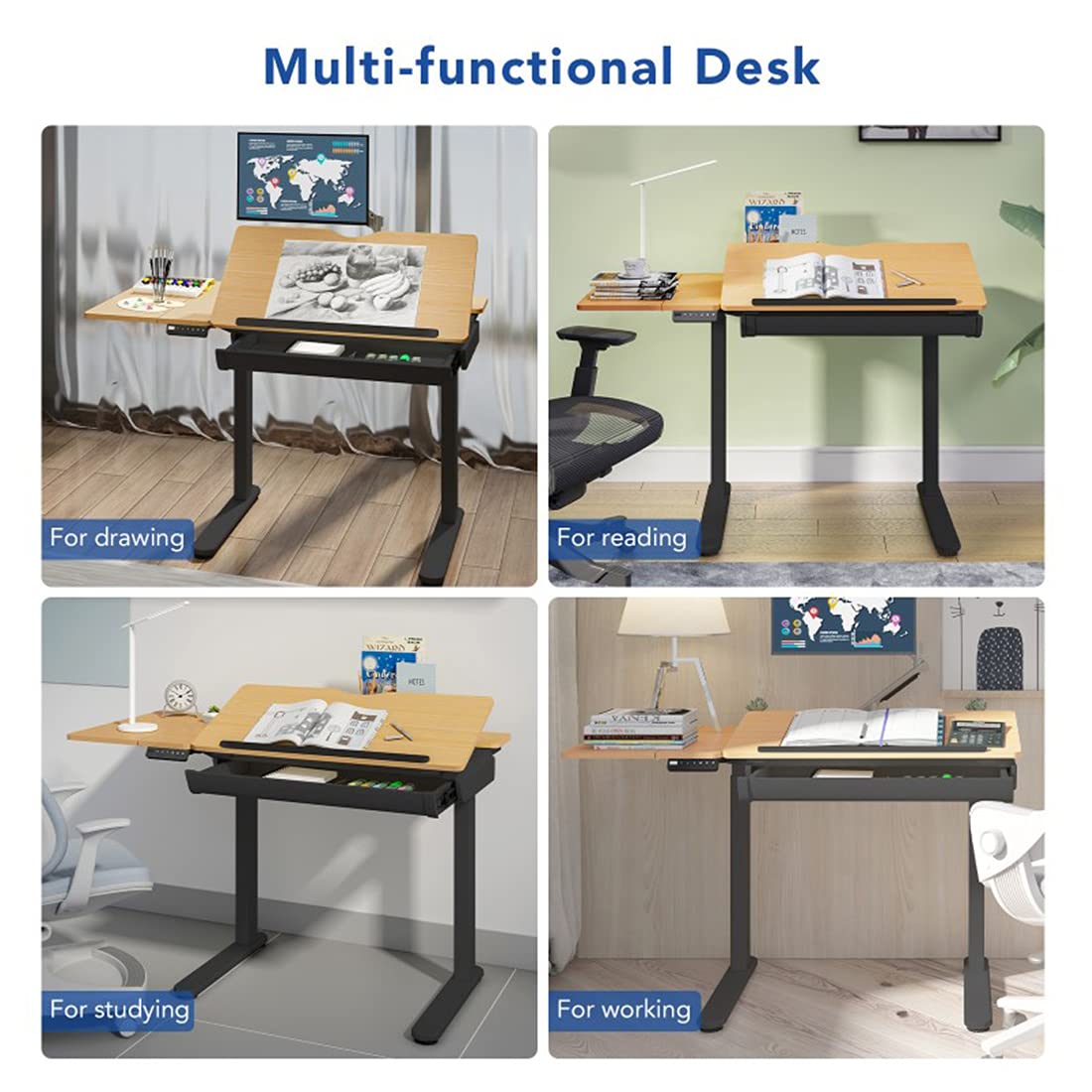 FLEXISPOT Comhar Adjustable Drafting Table, Electric Standing Desk with Storage Drawers for Writing Drawing Crafting Working, 47.2" W x 23.6" D Angle