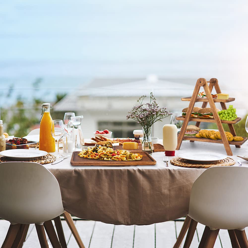 Manspdier Wood 3 Tier Serving Tray Three Tiered Cupcake Stand, Rectangle Serving Platter Wooden Farmhouse, Party Serving Brown Decorative Tray Decor Manspdier