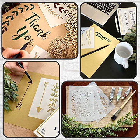 Boutique Calligraphy Stencil Template Kit - 45 Reusable Pieces Includes Lettering Upper and Lowercase both Large Small, Numbers, Punctuation, Laurels Citrusy Boutique