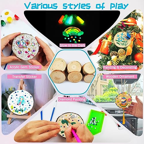 Wooden Crafts Kit for Kids - Glow in The Dark - Arts & Crafts Gifts for Boys Girls Age 6-12, 24 Wood Slices with Diamond Painting Craft Activities