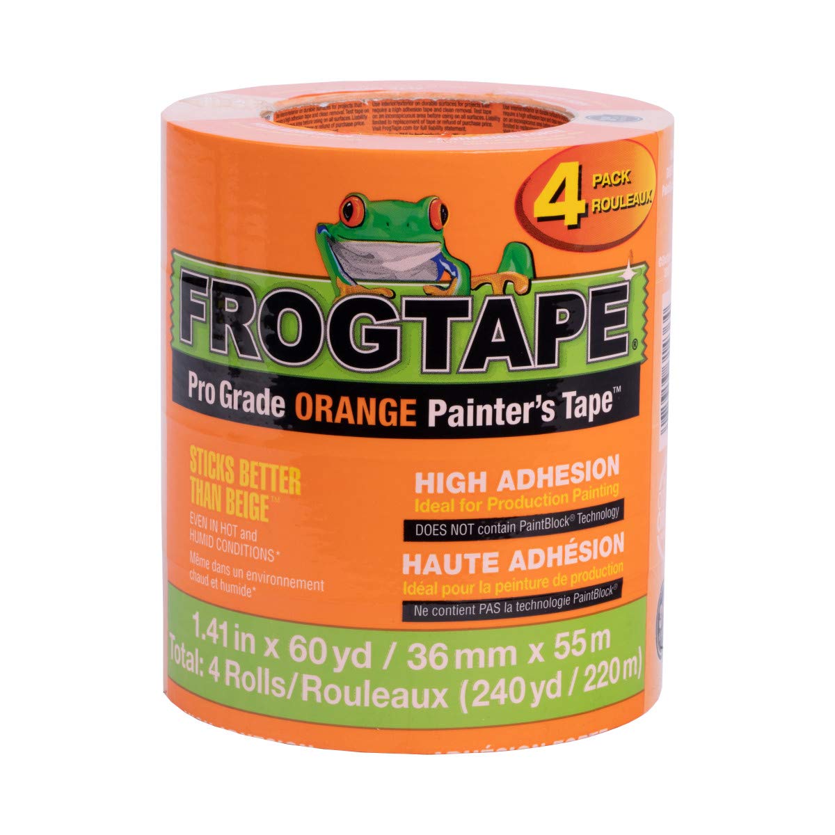FrogTape Pro Grade Orange Painter’s Tape for Interior and Exterior Applications, 1.41" x 60 yard Roll, 4-Pack FROGTAPE