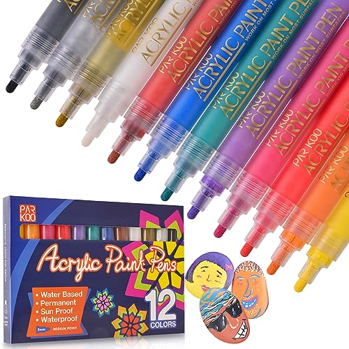 ParKoo Acrylic Paint Pens Painting Markers - 12 Premium Colors | 2mm Medium Tip | Gold & Silver Included | Non-Toxic & Fast Drying | Perfect for - WoodArtSupply