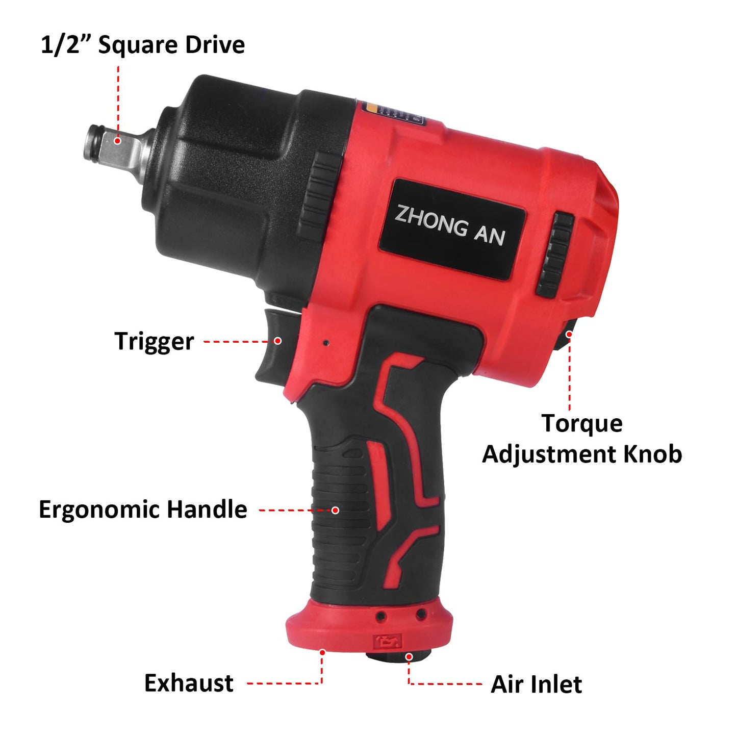 ZHONG AN Air Impact Wrench 1/2 Inch Square Drive, Twin Hammer Heavy Duty 1149 ft.lb Max Loosening Torque, Pneumatic Impact Wrench for Automotive - WoodArtSupply