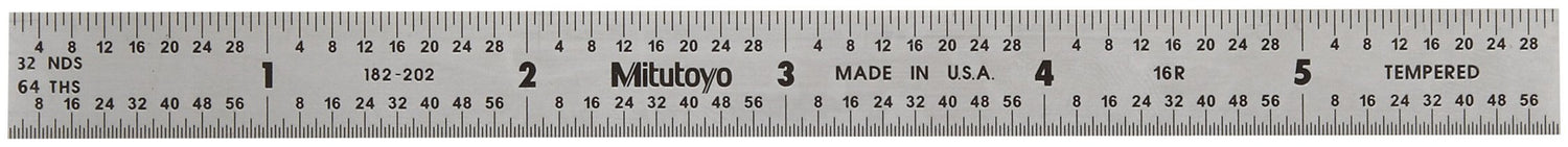 Mitutoyo 182-202, Steel Rule, 6" (16R), (1/32, 1/64", 1/50", 1/100"), 1/64" Thick X 1/2" Wide, Satin Chrome Finish Tempered Stainless Steel Mitutoyo