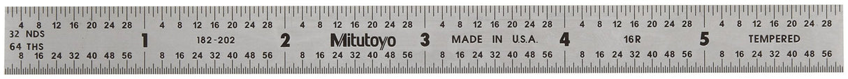 Mitutoyo 182-202, Steel Rule, 6" (16R), (1/32, 1/64", 1/50", 1/100"), 1/64" Thick X 1/2" Wide, Satin Chrome Finish Tempered Stainless Steel Mitutoyo