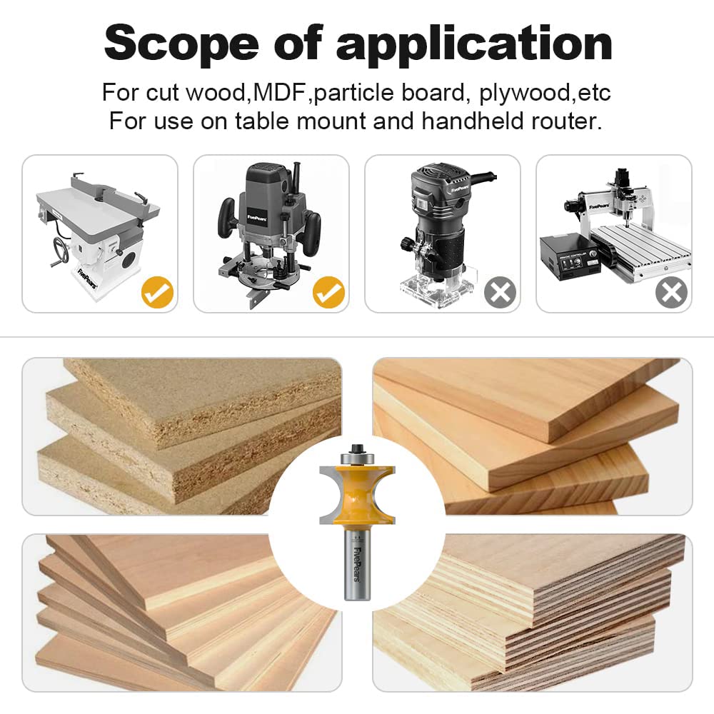 Fivepears 5Pcs Bullnose Router Bit Set 1/2 Shank, Bearing Half Round Router Bits for Woodworking, Carbide Tipped Edge Bits for Cutting Door Cabinet FIVEPEARS