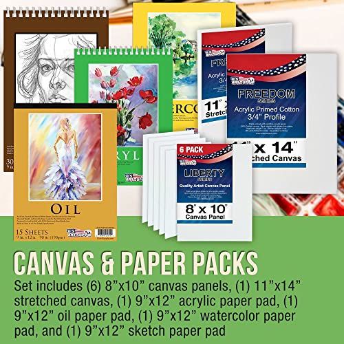 U.S. Art Supply 133-Piece Deluxe Ultimate Artist Painting Set with Aluminum and Wood Easels, 72 Paint Colors, 24 Acrylic, 24 Oil, 24 Watercolor, 8 US Art Supply