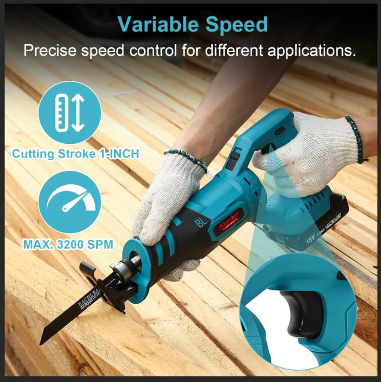 Cordless Reciprocating Saw Kit with 18V 2.0Ah Li-ion Battery and Charger,Electric Battery Powered Saw for Wood/Metal/PVC Pipe Cutting - WoodArtSupply