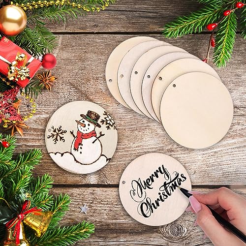 AIERSA 60Pcs Unfinished Wood Circles for Crafts Ornaments, 2.9Inch Round Wooden Tags with Holes & 42.65 Ft Twine, Blank Rustic Wood Pieces for