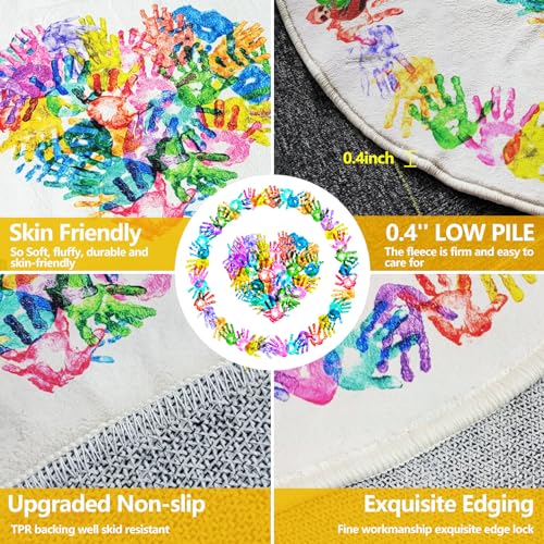 Round Colorful Handprints Kids Area Rug, Washable Nursery Rug for Kids Bedroom, Non-Slip Play Mat Ultra Soft Non-Slip Carpet Indoor Mat for Classroom Fubullish