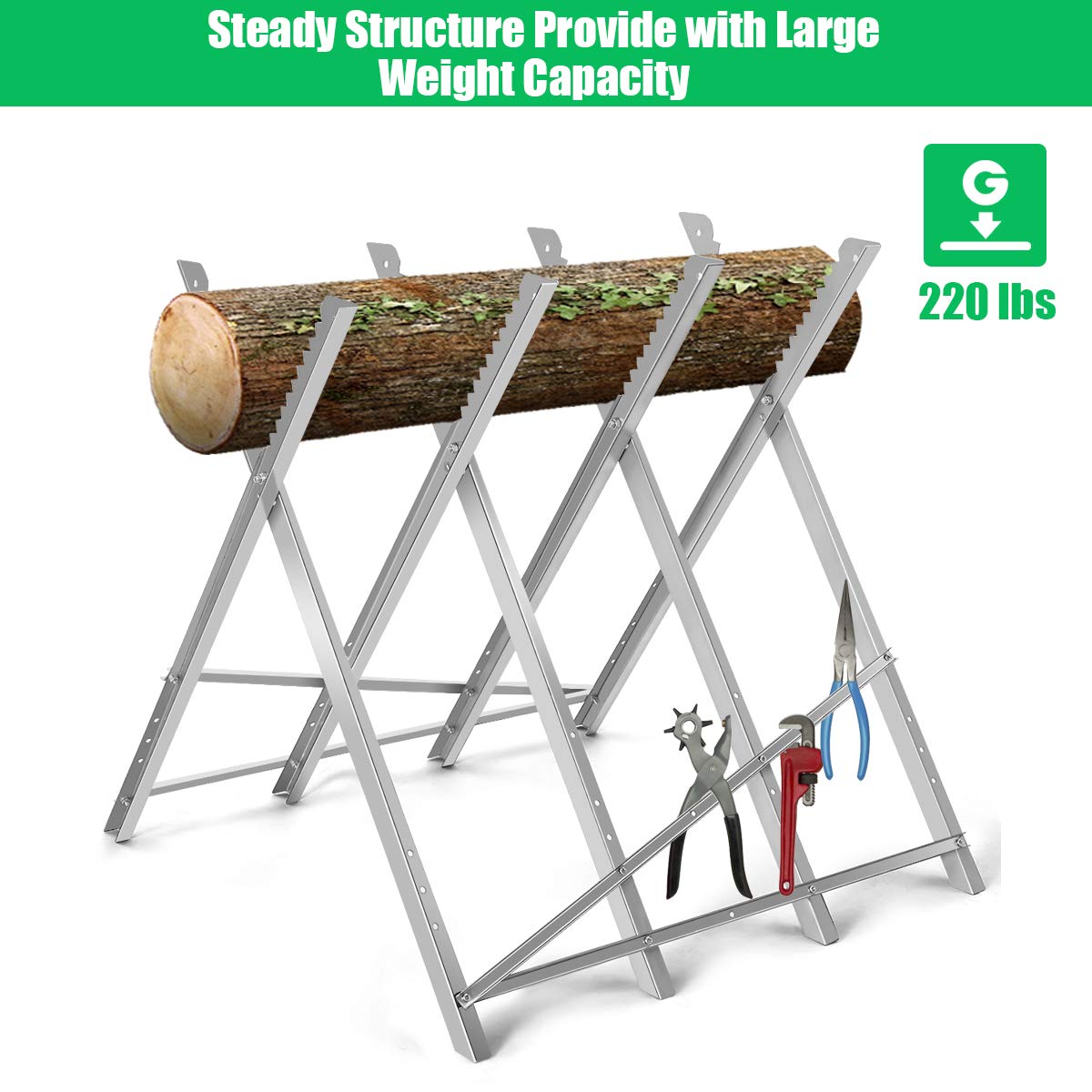 IRONMAX Folding Saw Horse, 220 LBS Heavy Duty Steel Sawbuck w/ Sawtooth for Log Firewood, Adjustable Lightweight Sawhorse Wood Cutting Stand IRONMAX