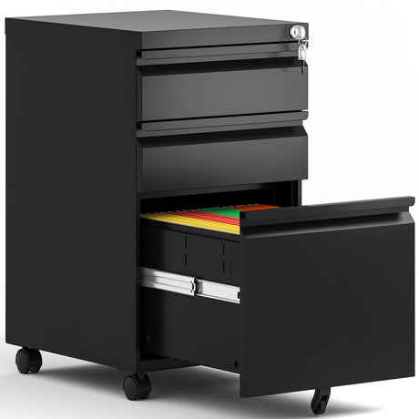 BIZOEIRON 3 Drawer Mobile File Cabinet,Under Desk Metal Filing Cabinet with Lock and Wheels for Letter/Legal/A4 Size(Black) BIZOEIRON