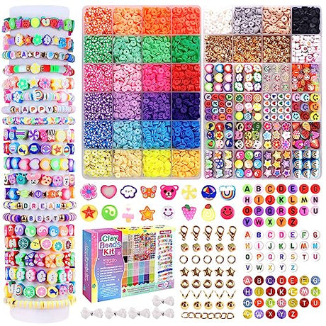 Meland Clay Beads Bracelet Making Kit - 7905Pcs Jewelry Making Kit with 28 Colors Flat Polymer Beads, Smile Face & Large Charm Beads, Craft Kit for Meland