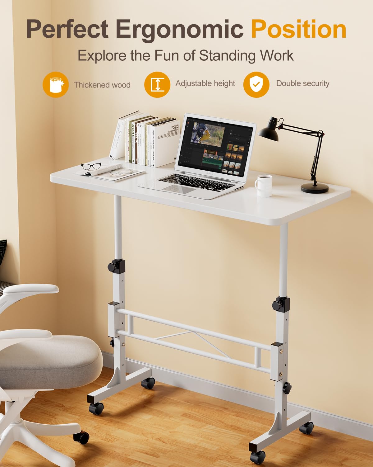 Small Standing Desk Adjustable Height, Mobile Stand Up Desk with Wheels, 32 Inch Portable Rolling Desk Small Computer Desk, Portable Laptop Desk Amztabler