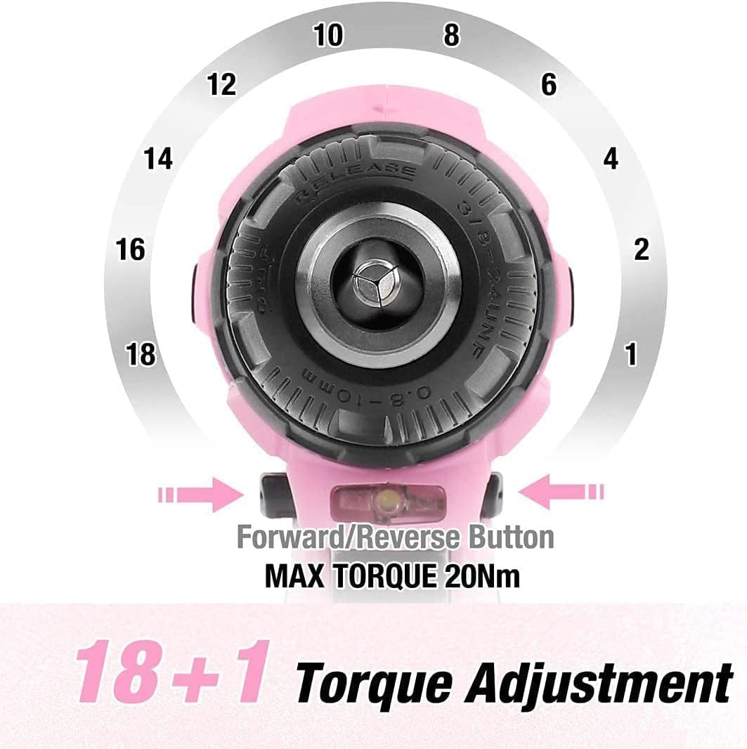 WORKPRO Pink Cordless Drill Driver Set, 12V Electric Screwdriver Driver Tool Kit, 3/8" Keyless Chuck, Charger and Storage Bag Included - Pink Ribbon WORKPRO