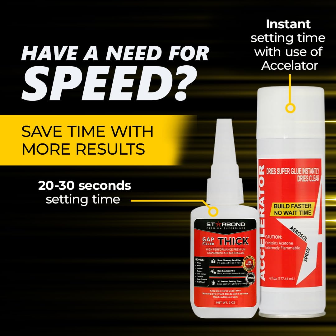 Starbond 2 oz. Thick CA Glue with 6 oz. Aerosol Activator Bundle (Premium Cyanoacrylate Super Glue) for Mitre Joint Bonding, Woodworking, Carpentry, STARBOND