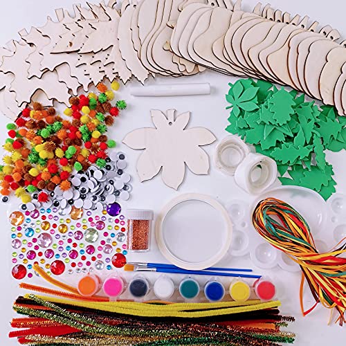 Winlyn 36 Sets Hanging Pumpkin Maple Leaf Acorn Wooden Ornaments Fall Craft Kits Paintable Unfinished Wood Pumpkin Autumn Leaf Acorn Cutouts Pom-Poms