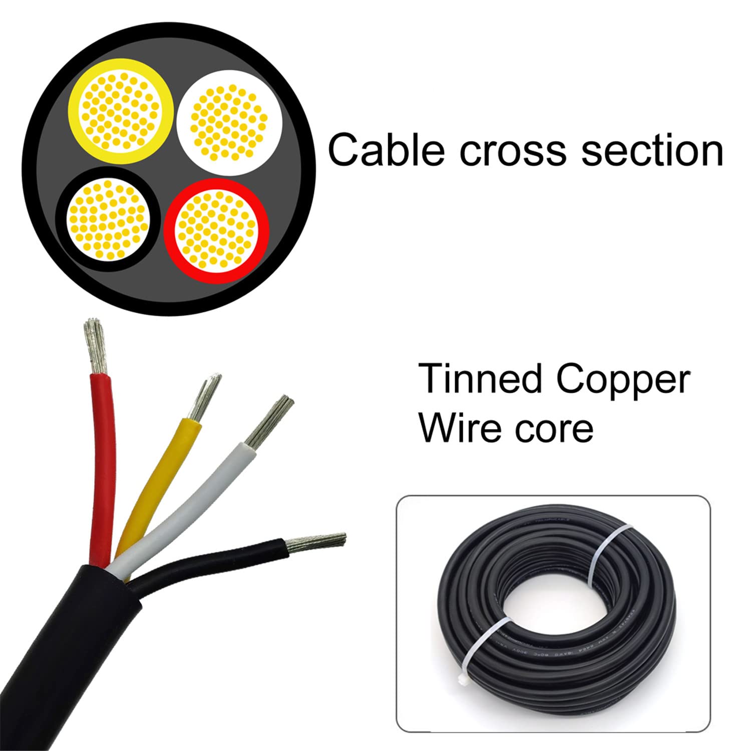 18AWG UL2464 Power Cable LED Red & Black & Yellow & White 4 Conductors tinned Copper (18AWG -4C- 25ft) CBAZY
