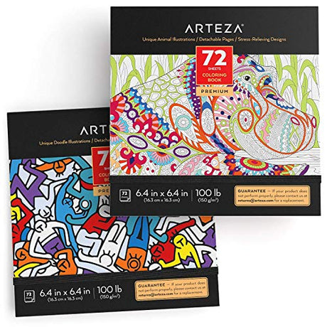 Arteza Coloring Books for Adults, 2 Pack, Animal & Doodle Designs, Grey Outlines, 144 Sheets Total, 100 lb, 6.4x6.4 Inches, for Anxiety, Stress ARTEZA