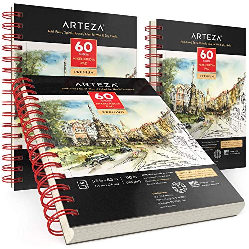 Arteza Mixed Media Sketchbooks, Pack of 3, 5.5 x 8.5 Inches, 60-Sheet Drawing Pads with 110lb Paper, Spiral-Bound, Art Supplies for Wet and Dry Media ARTEZA