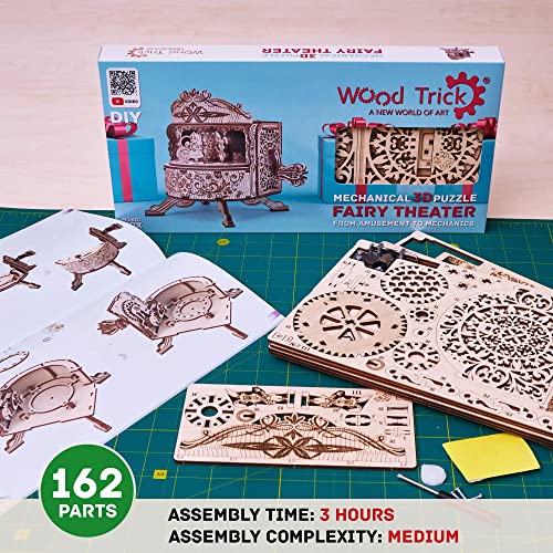 Wood Trick Fairy Theater Happy Birthday Wooden Music Box Kit - w/Fairy Characters - Hand Crank - 3D Wooden Puzzle for Adults and Kids to Build - DIY Wood Trick