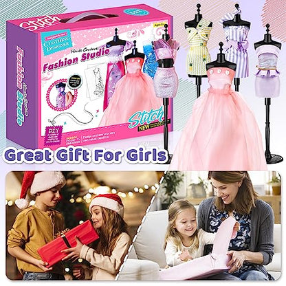 deAO Fashion Design Kit for Girls with 5 Mannequins Creativity DIY Arts & Crafts Toys Doll Clothes Sewing Kit Kids Learning Toys Girl's Craft - WoodArtSupply