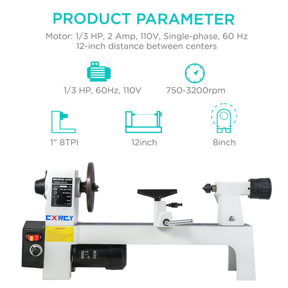 CXRCY 8" x 12" Wood Lathe, Mini Benchtop Wood Lathe Machine1/3 HP Infinitely Variable Speed 750-3200 RPM with 3 Chisels for Woodworking, Woodturning - WoodArtSupply