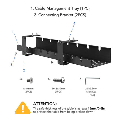 FLEXISPOT Under Desk Cable Management Tray, Metal Raceway Wires Cable Tidy Organizer, Office and Home Cable Tray Use for Standing Desk (Black) - WoodArtSupply