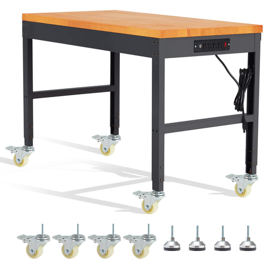 HABUTWAY Height Adjustable Workbench with Wheels 48" x 24" 2000 Lbs Capacity Oak Board Work Station Heavy-Duty Rolling Work Benches for Garage Party - WoodArtSupply