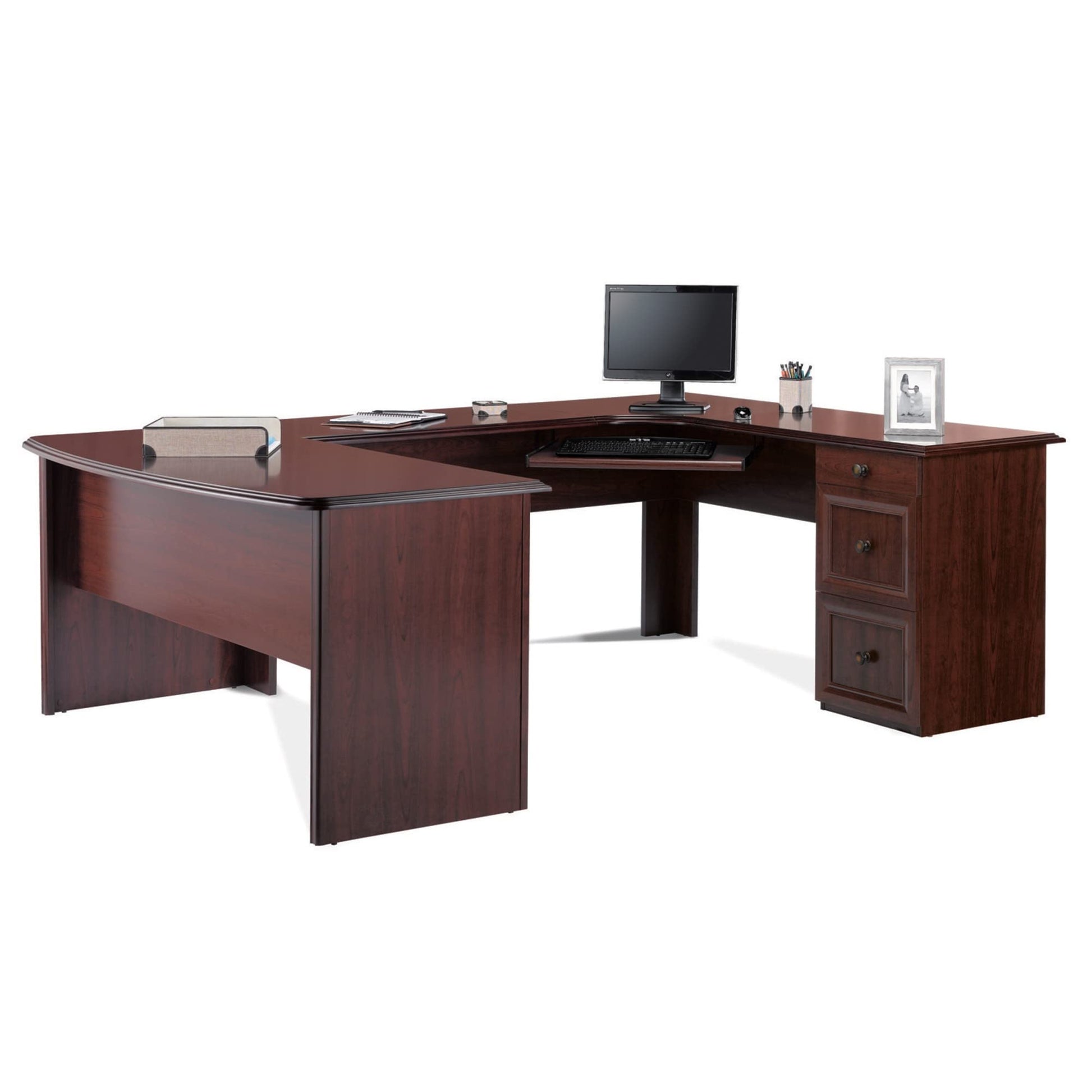 Realspace® Broadstreet 65"W U-Shaped Executive Corner Desk, Cherry - WoodArtSupply