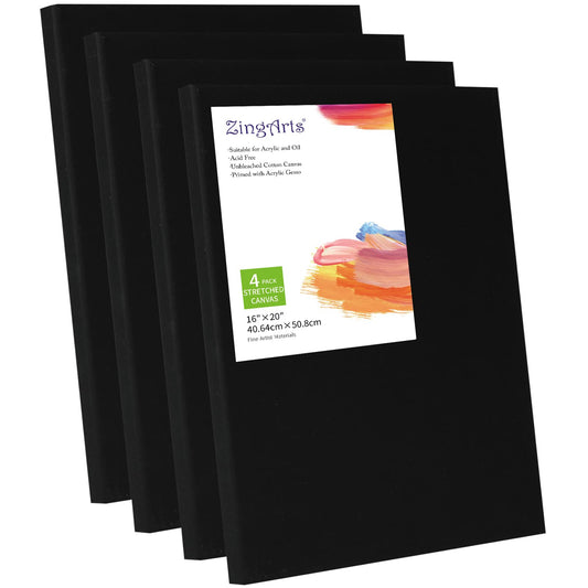 Zingarts Black Canvas,16x20 Inch 4-Pack, 100% Cotton Primed Acid-Free Stretched Black canvases for Painting, Art Supplies for Acrylic Pouring, Oil - WoodArtSupply