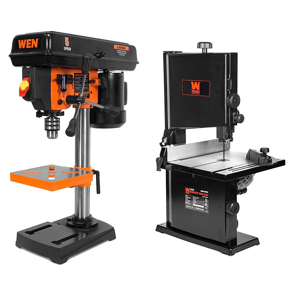 WEN 4206T 2.3-Amp 8-Inch 5-Speed Cast Iron Benchtop Drill Press,Black,Orange & 9-Inch Band Saw, 2.8-Amp Benchtop (BA3959) WEN