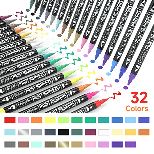 32 Colors Paint Markers, Dual Tip Acrylic Paint Pens for Wood, Canvas, Glass, Ceramic, Fabric,Rock Painting, DIY Crafts Making Art Supplies (Fine Tip CoocAni