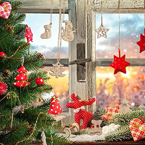 yueton 100PCS Mini Christmas Tree Snowflakes Stars Moose Bells Hats Socks Angels Christmas Unfinished Blank Wood Pieces Wood Slices Wood Chips yueton