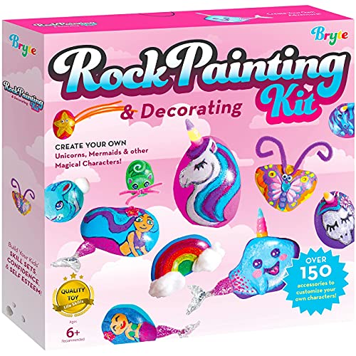 BRYTE 150+ Piece Deluxe Edition All-Inclusive Kids Rock Painting Kit | 10 Rocks, 8 Waterproof Paints, Glitter Glue & More | DIY Science Kit, STEM - WoodArtSupply