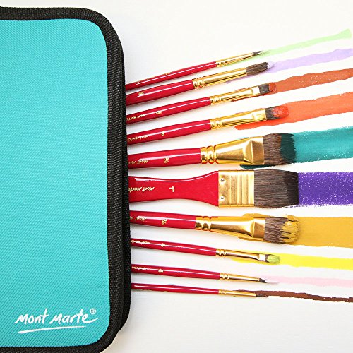 Mont Marte Art Paint Brushes Set with Case, 10 Different Size, Nice Art Gift for Kids &Artists - WoodArtSupply