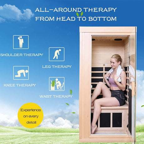 Xmatch Far Infrared Wooden Sauna Room, 1-Person Size, with 1350W, 8 Low EMF Heaters, 10 Minutes Pre-Warm up, Time and Temp Pre-Set, 2 Bluetooth Xmatch