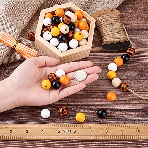 Craftdady 120pcs Natural Wood Beads 16mm Smooth Printed Wooden Loose Beads Unfinished Round Beads with Jute Twine Plaid Ribbon for DIY Jewelry Crafts