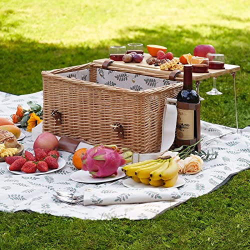 WILLOW WEAVE Picnic Basket with Table, Wine Picnic Basket Set 4, Wicker Picnic Basket for 4, Willow Hamper Service Gift Set with Blanket & Portable WILLOW WEAVE