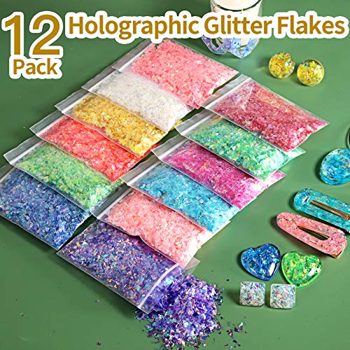 LEOBRO 41PCS Resin Supplies Kit, Extra Fine Glitter for Resin, Resin Glitter Flakes Sequins, Foil Flakes, Mixing Stick &Tweezers, Craft Glitter for