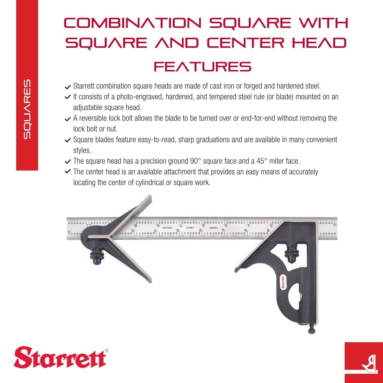 Starrett Steel Combination Square with Square and Center Head - 12" Blade Length, Cast Iron Heads, Hardened Steel, Reversible Lock Bolt, 4R Starrett