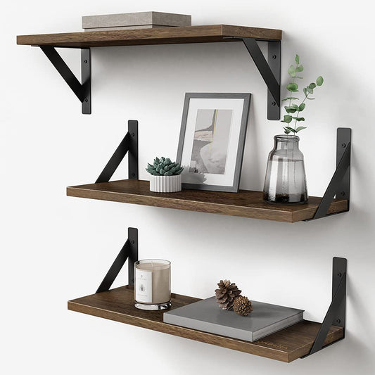 Rustic Brown Wall-Mounted Floating Shelves Set of 3 - 17 Inch Natural Wood Decor Storage for Any Room - WoodArtSupply