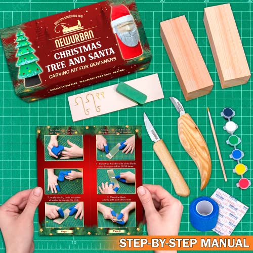 NEWURBAN Wood Carving Kit for Beginners - Whittling Kit with New Year Tree and Santa DIY - Woodworking Kit with Wood Blocks Knives Gift Set for Kids