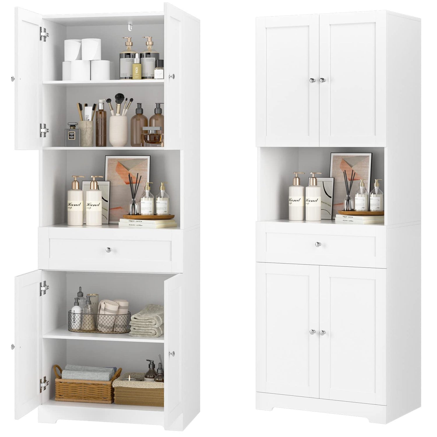 HIFIT Modern Tall Bathroom Storage Cabinet with 4 Doors, Shelves, and Drawer - 67" Freestanding Linen Cabinet in White HIFIT