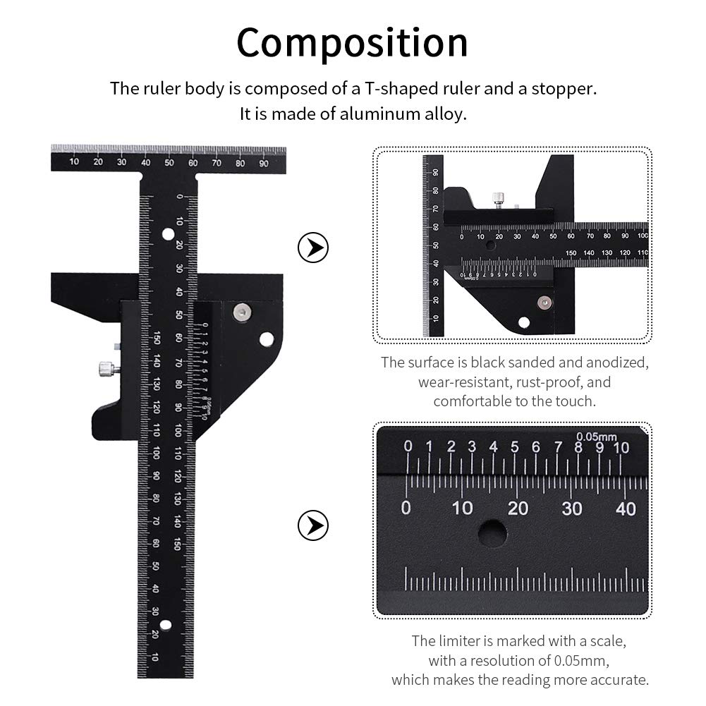 Woodworking Scriber, T Shaped Woodworking Multifunctional Ruler, Aluminum Alloy Marking Measuring Gauge DIY Carpentry Tool - Metric - WoodArtSupply